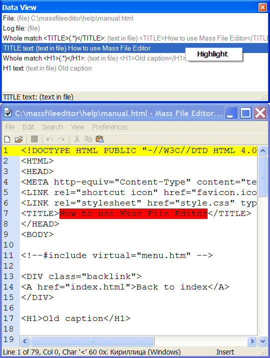 Editor window with data piece highlighted